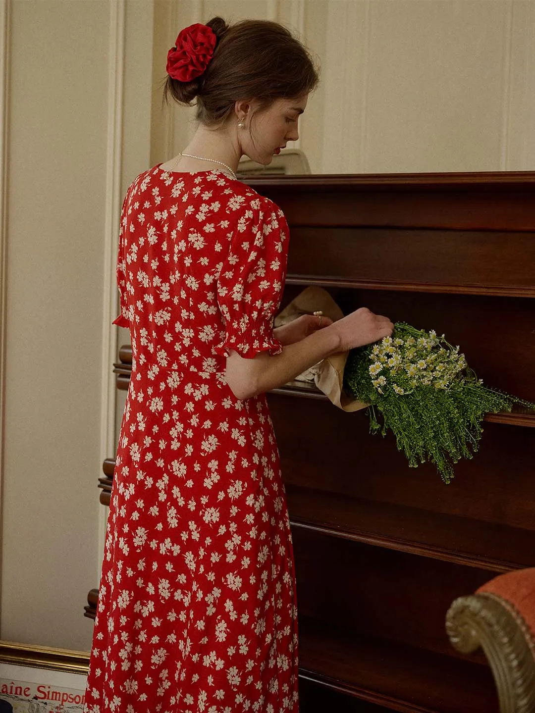 Annie Charming Floral Print Elegant Red Dress