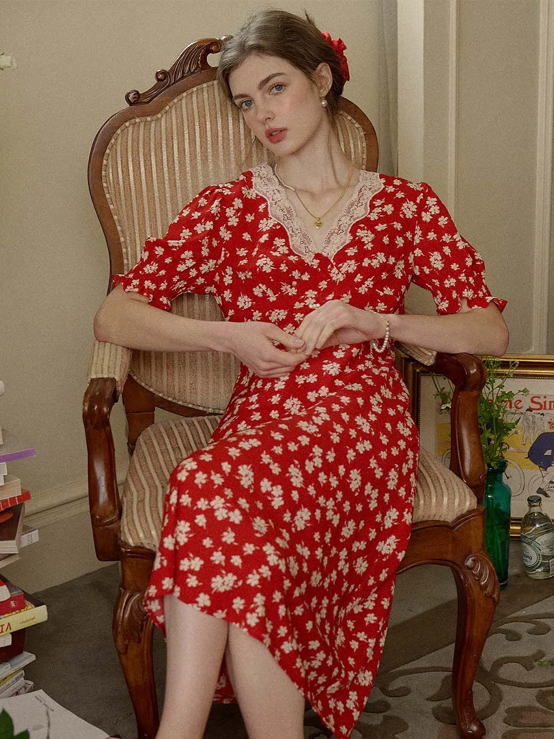 Annie Charming Floral Print Elegant Red Dress