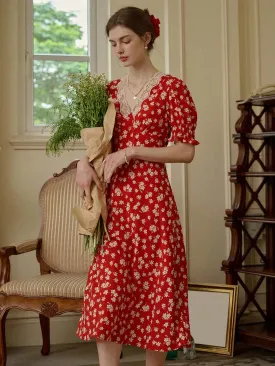 Annie Charming Floral Print Elegant Red Dress