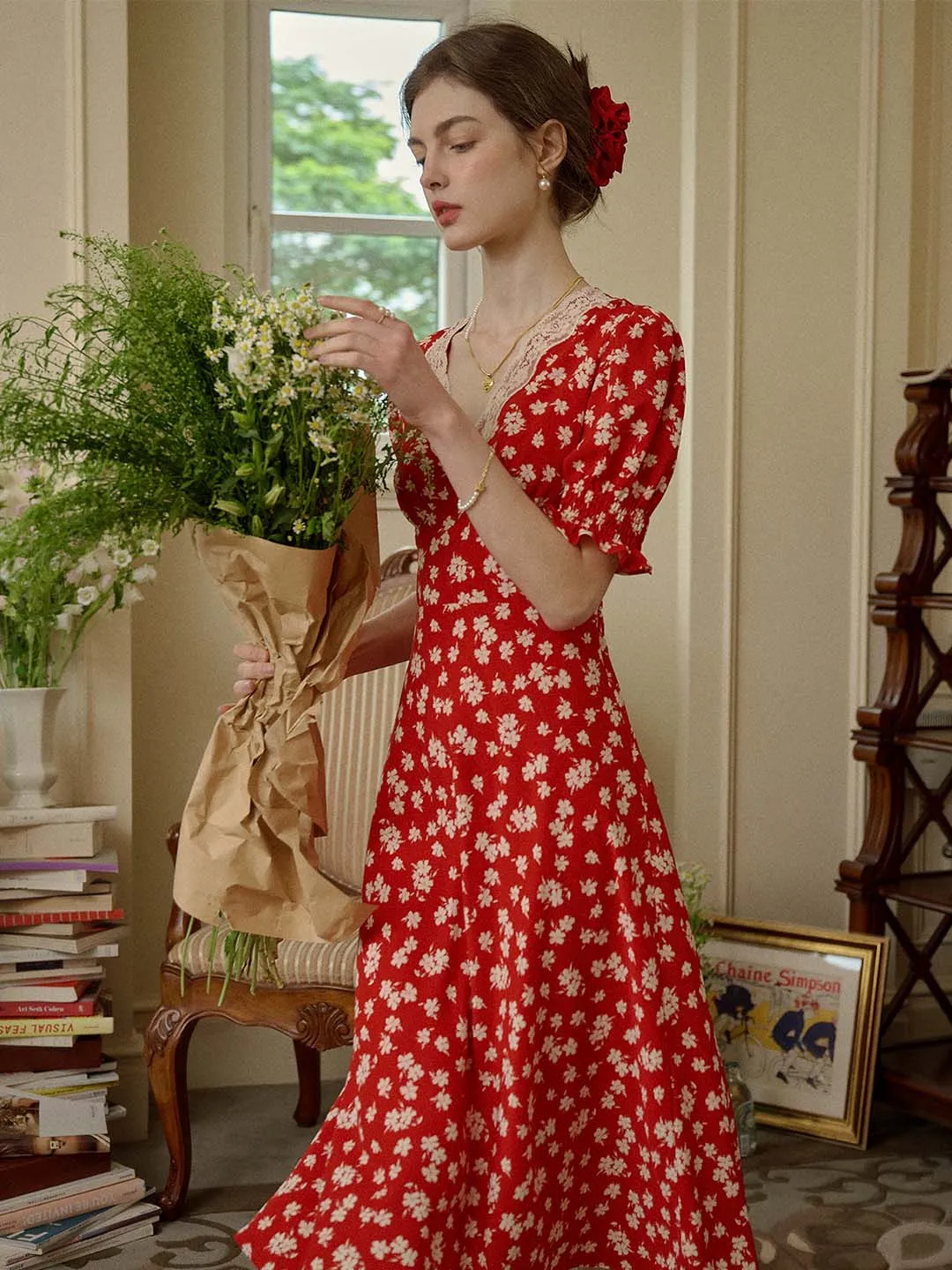 Annie Charming Floral Print Elegant Red Dress