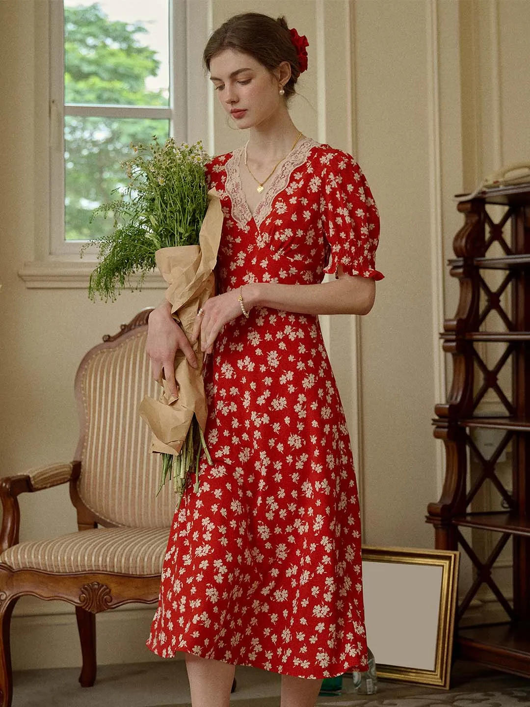 Annie Charming Floral Print Elegant Red Dress