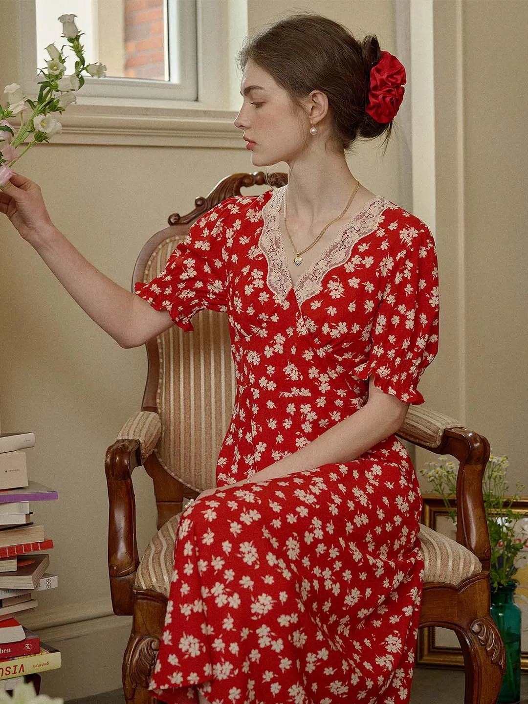 Annie Charming Floral Print Elegant Red Dress
