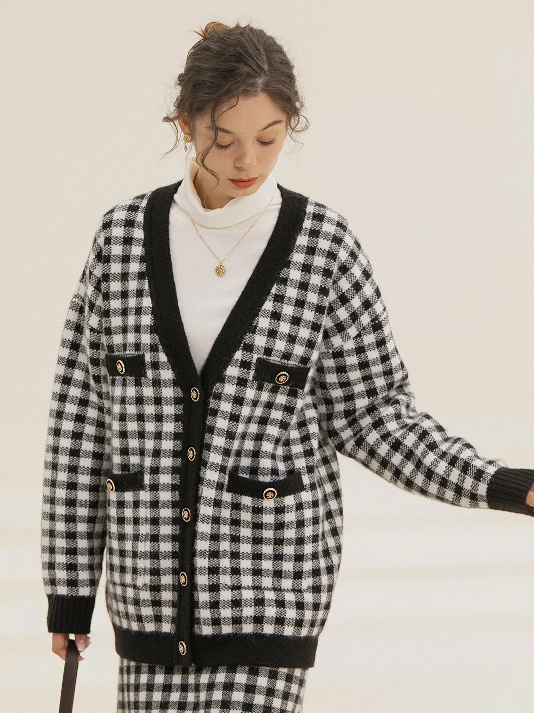 Ansley Checkerboard Black Knit Cardigan