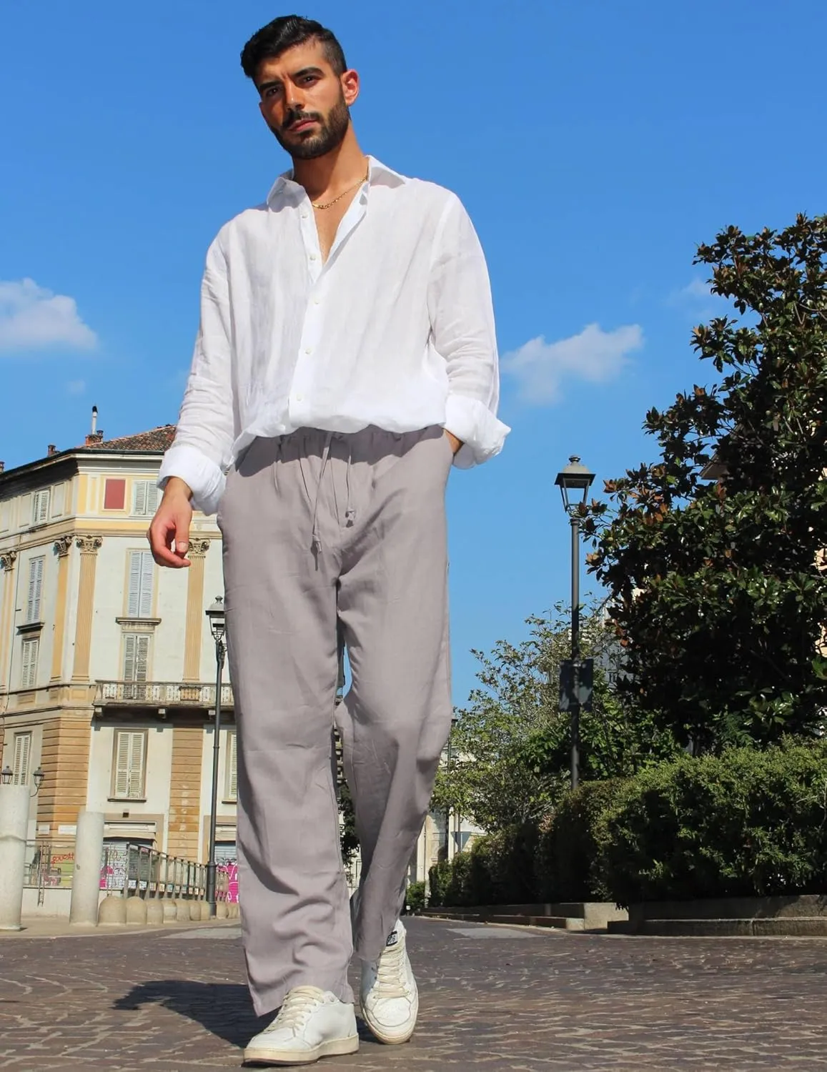COOFANDY Mens Casual Linen Pants Elastic Waist Linen Pants Drawstring Summer Beach Yoga Linen Trouser