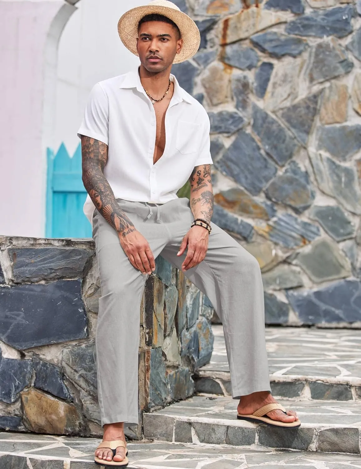 COOFANDY Mens Casual Linen Pants Elastic Waist Linen Pants Drawstring Summer Beach Yoga Linen Trouser