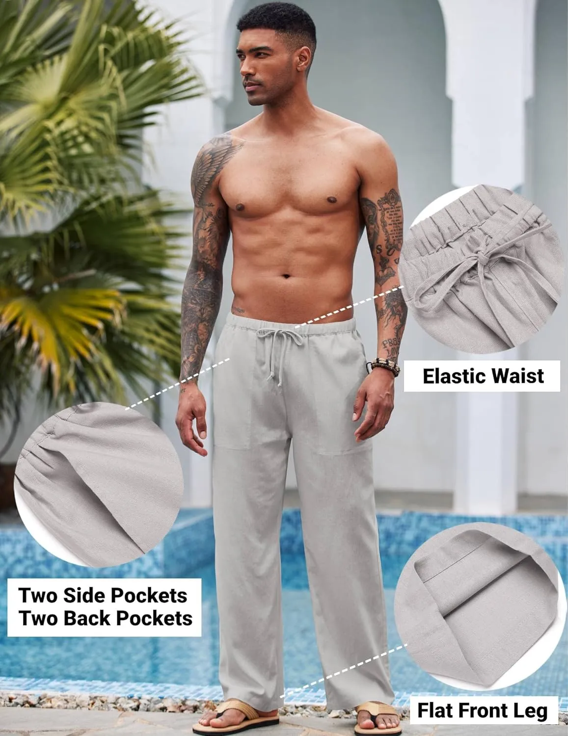 COOFANDY Mens Casual Linen Pants Elastic Waist Linen Pants Drawstring Summer Beach Yoga Linen Trouser