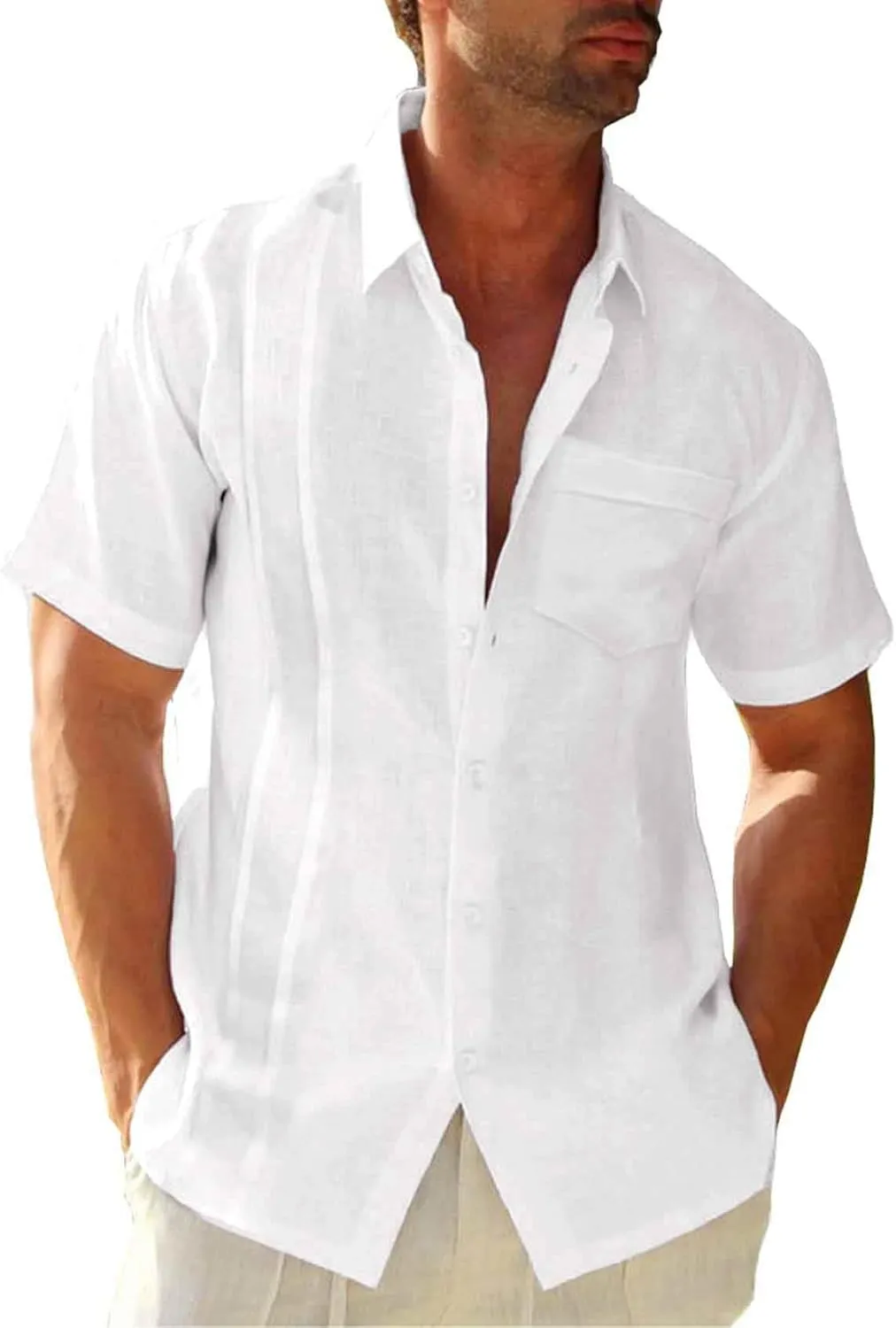 Hestenve Mens Short Sleeve Cuban Camp Guayabera Shirt Linen Cotton Hippie Beach Button Down Shirts