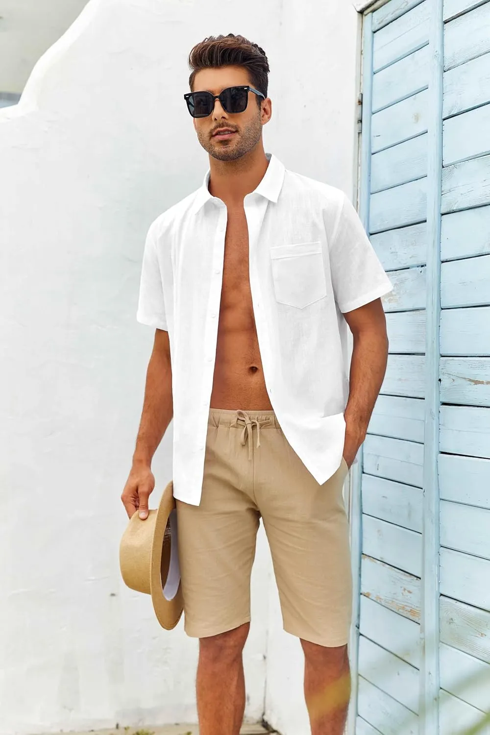 Hestenve Mens Short Sleeve Cuban Camp Guayabera Shirt Linen Cotton Hippie Beach Button Down Shirts