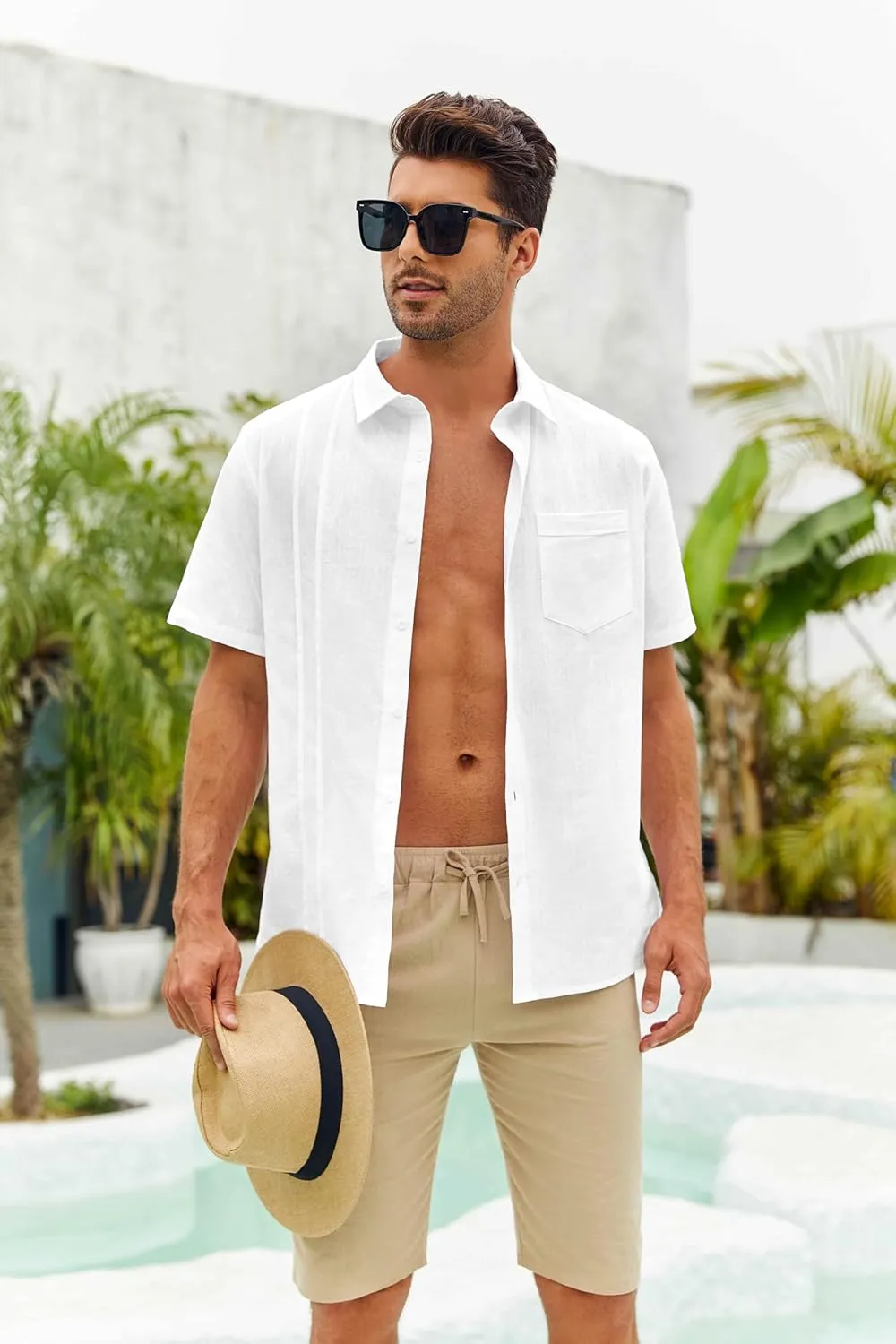 Hestenve Mens Short Sleeve Cuban Camp Guayabera Shirt Linen Cotton Hippie Beach Button Down Shirts