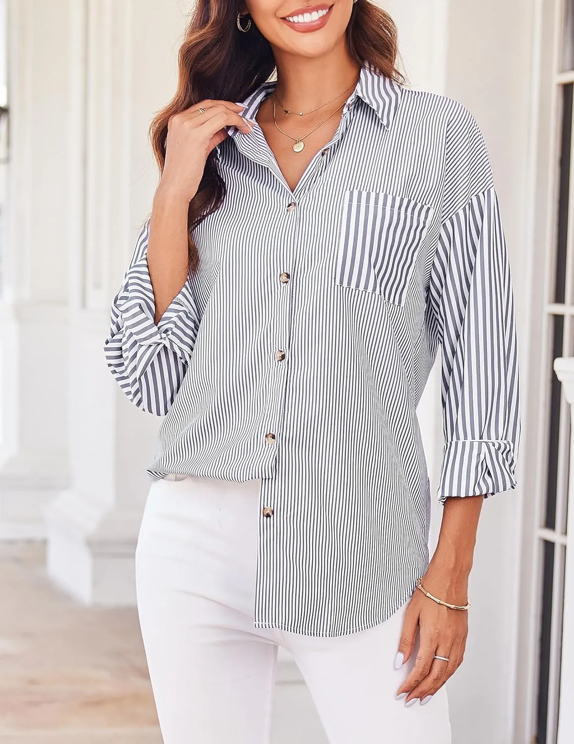 HOTOUCH Women's Striped Button Down Shirts Casual Long Sleeve Boyfriend Loose Collared Blouses Tops