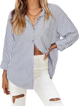 HOTOUCH Women's Striped Button Down Shirts Casual Long Sleeve Boyfriend Loose Collared Blouses Tops