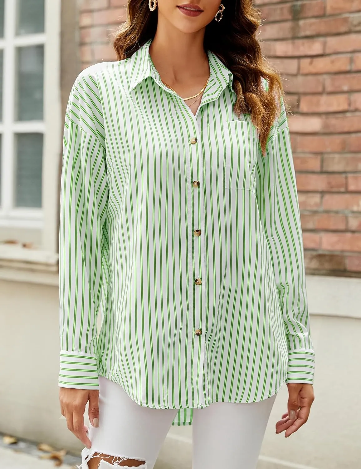 HOTOUCH Women's Striped Button Down Shirts Casual Long Sleeve Boyfriend Loose Collared Blouses Tops