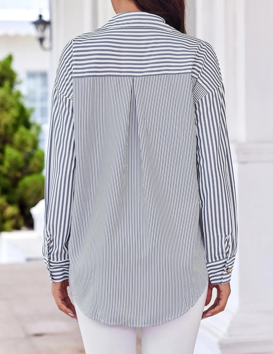 HOTOUCH Women's Striped Button Down Shirts Casual Long Sleeve Boyfriend Loose Collared Blouses Tops