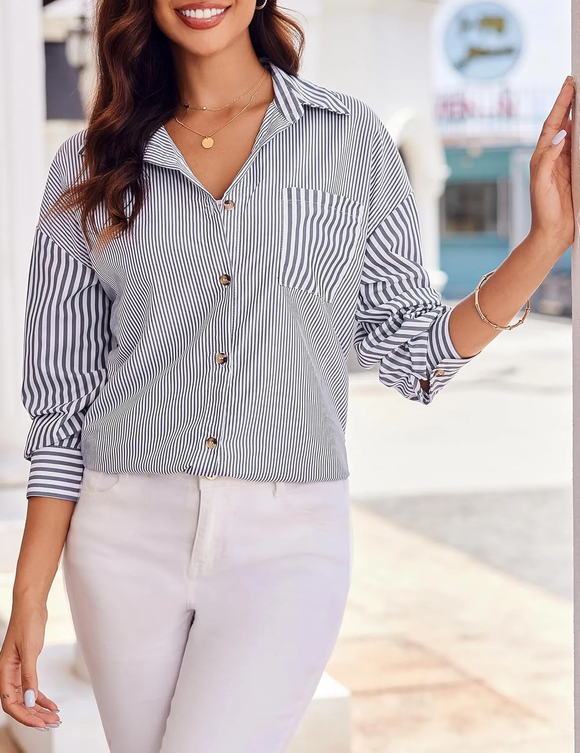 HOTOUCH Women's Striped Button Down Shirts Casual Long Sleeve Boyfriend Loose Collared Blouses Tops