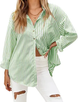 HOTOUCH Women's Striped Button Down Shirts Casual Long Sleeve Boyfriend Loose Collared Blouses Tops