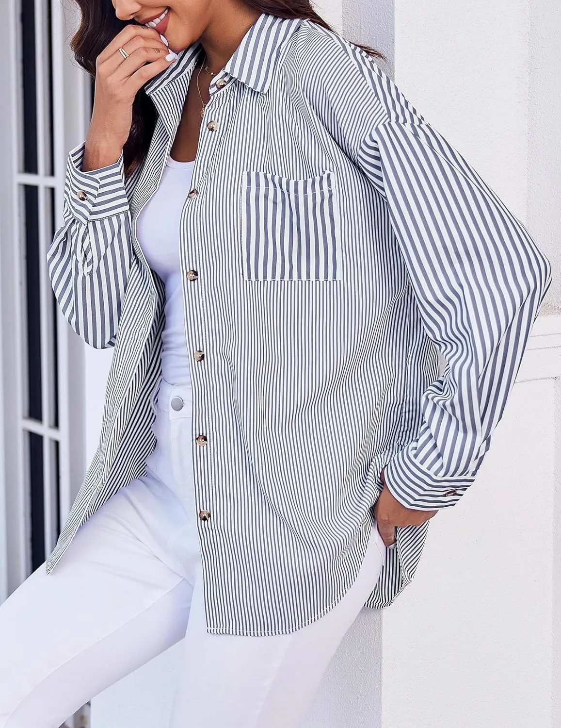 HOTOUCH Women's Striped Button Down Shirts Casual Long Sleeve Boyfriend Loose Collared Blouses Tops