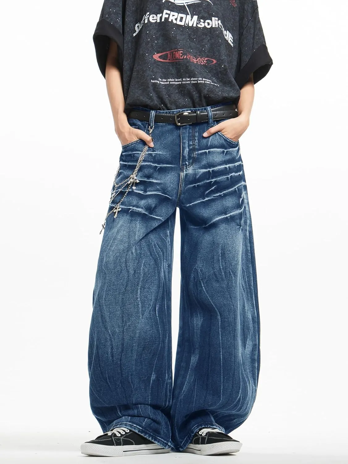 Mens Streetwear Hip Hop Baggy Jeans Wide Leg Skater Denim Pants Loose Long Trousers