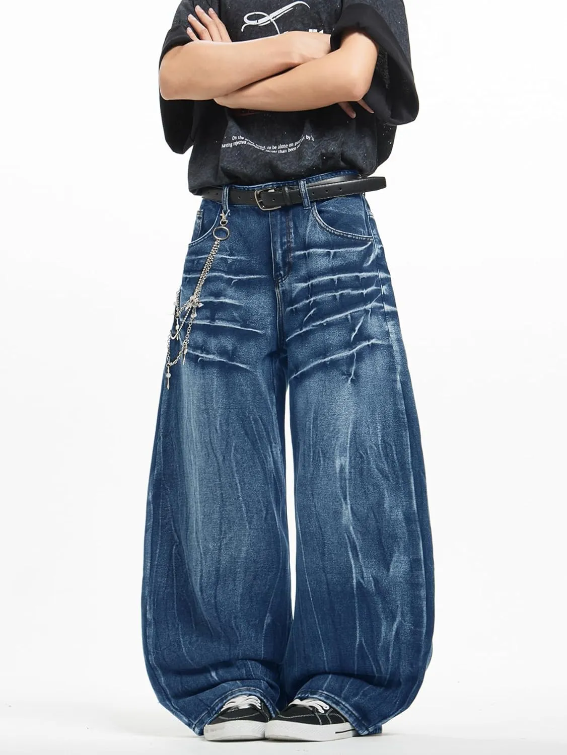 Mens Streetwear Hip Hop Baggy Jeans Wide Leg Skater Denim Pants Loose Long Trousers