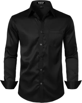 Men's Stretch Slim Fit Dress Shirts Formal Wedding Prom Business Long Sleeve Button Down Shirt with Pocket