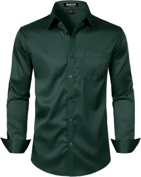 Men's Stretch Slim Fit Dress Shirts Formal Wedding Prom Business Long Sleeve Button Down Shirt with Pocket