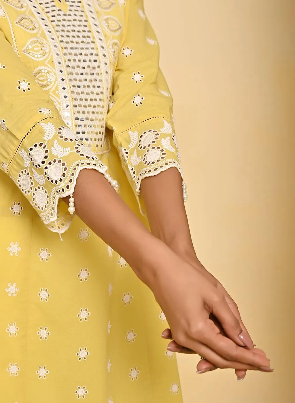Mustard Schiffli Embroidery Kurta with Mirror Work