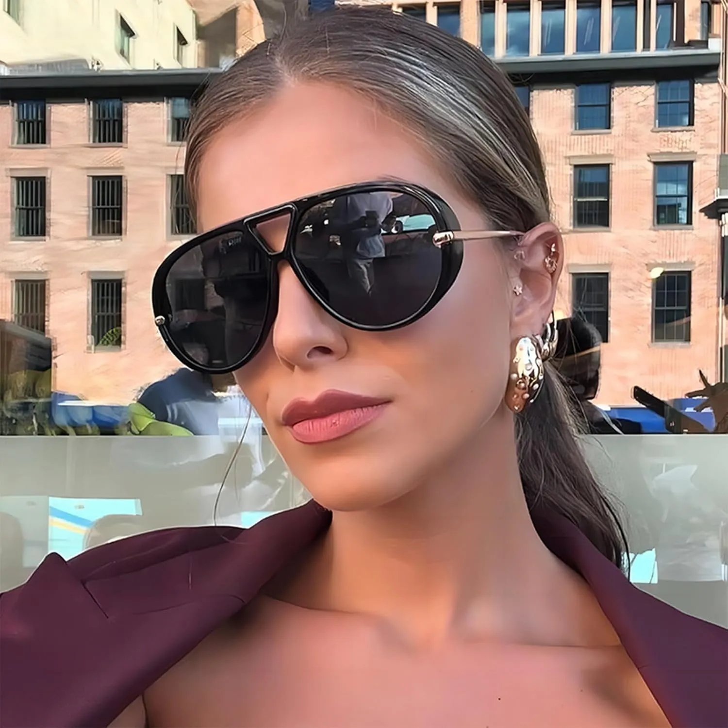 Oversized Aviator Sunglasses with Earring for Women Large Big UV400 Protection Designer 2025 Ladies Shades