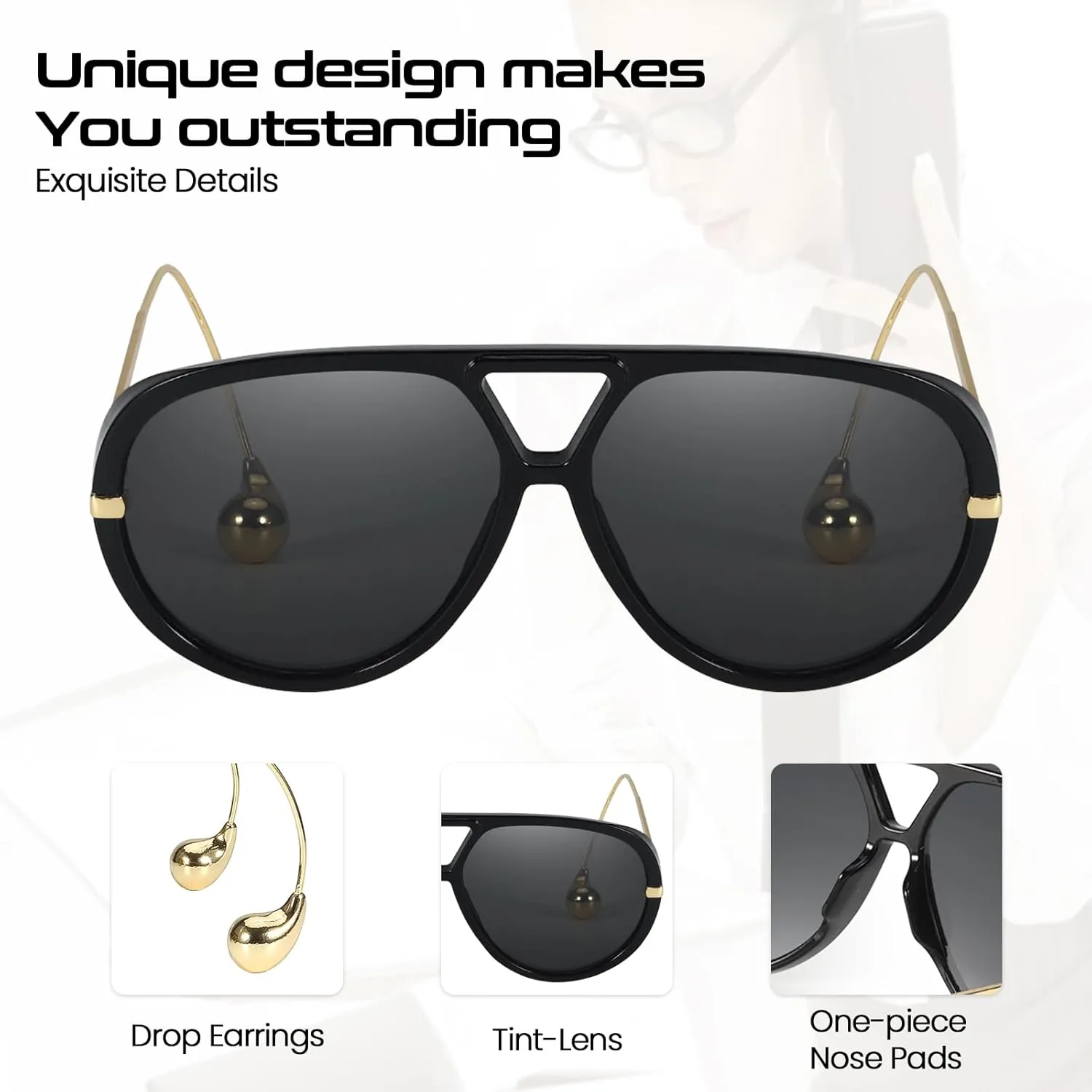 Oversized Aviator Sunglasses with Earring for Women Large Big UV400 Protection Designer 2025 Ladies Shades