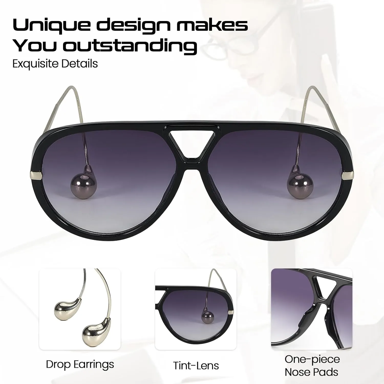 Oversized Aviator Sunglasses with Earring for Women Large Big UV400 Protection Designer 2025 Ladies Shades
