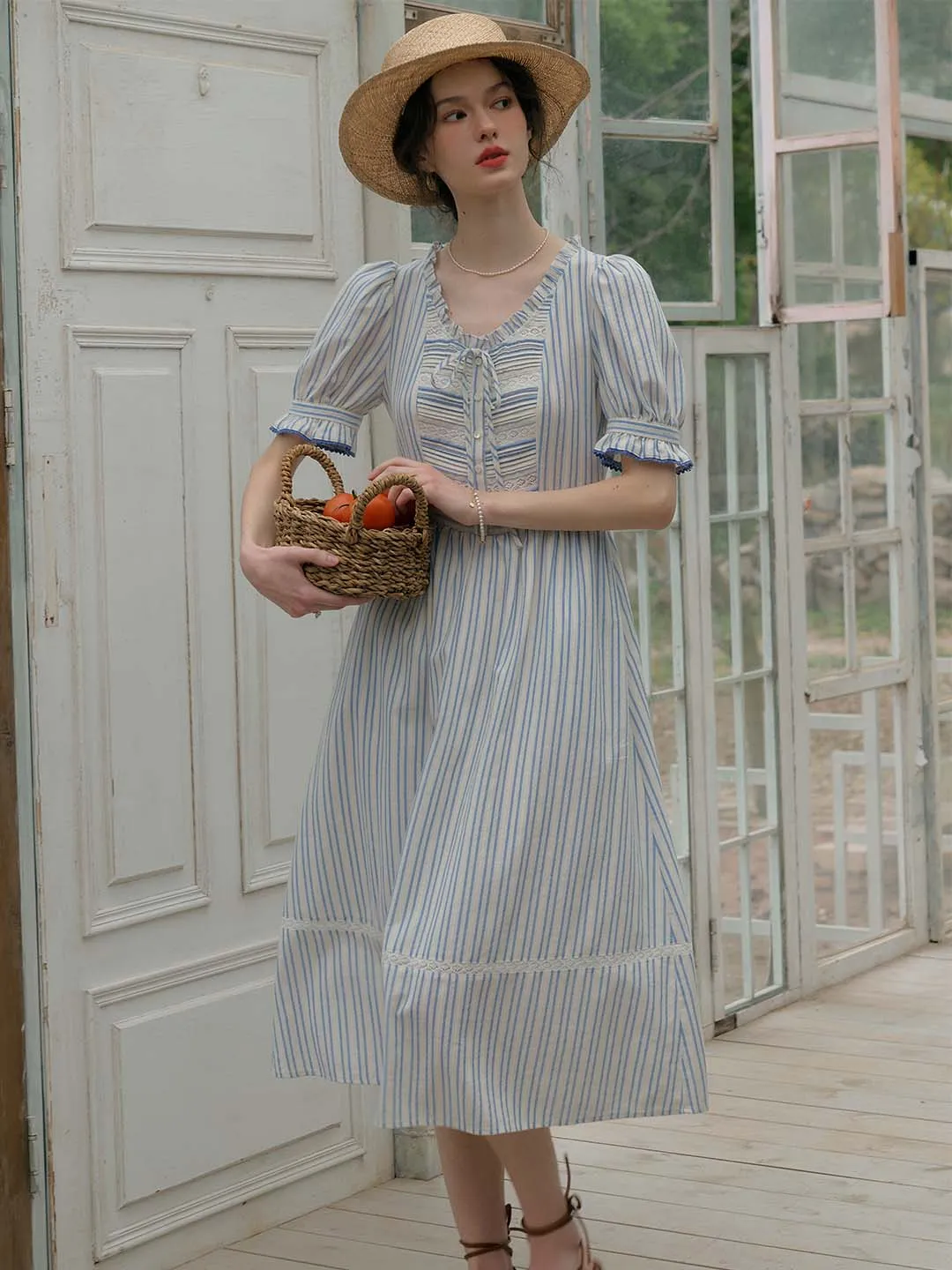 Raelyn Trim Bow Round Neck Puff Sleeve Lace Striped Cotton Dress