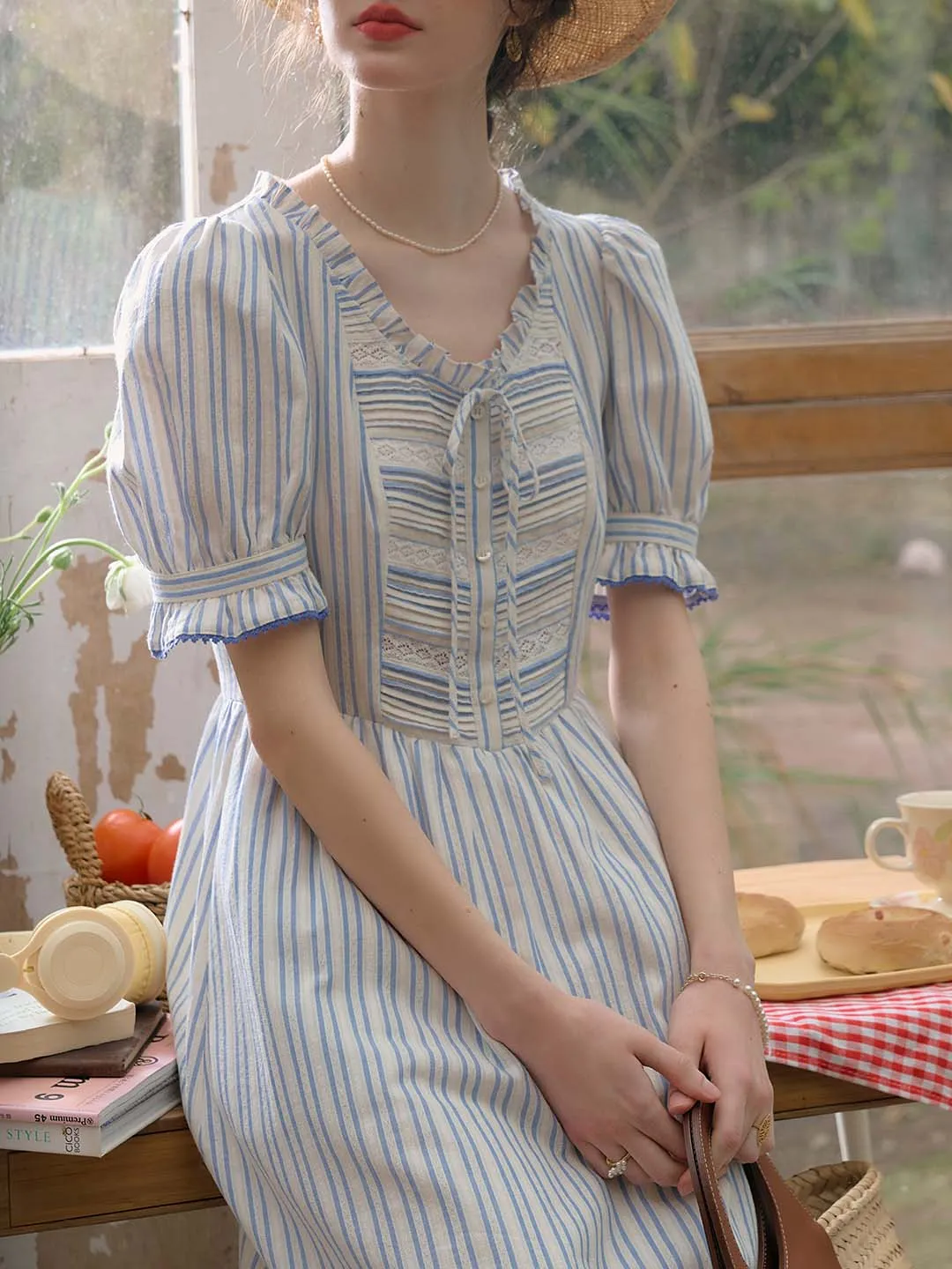 Raelyn Trim Bow Round Neck Puff Sleeve Lace Striped Cotton Dress