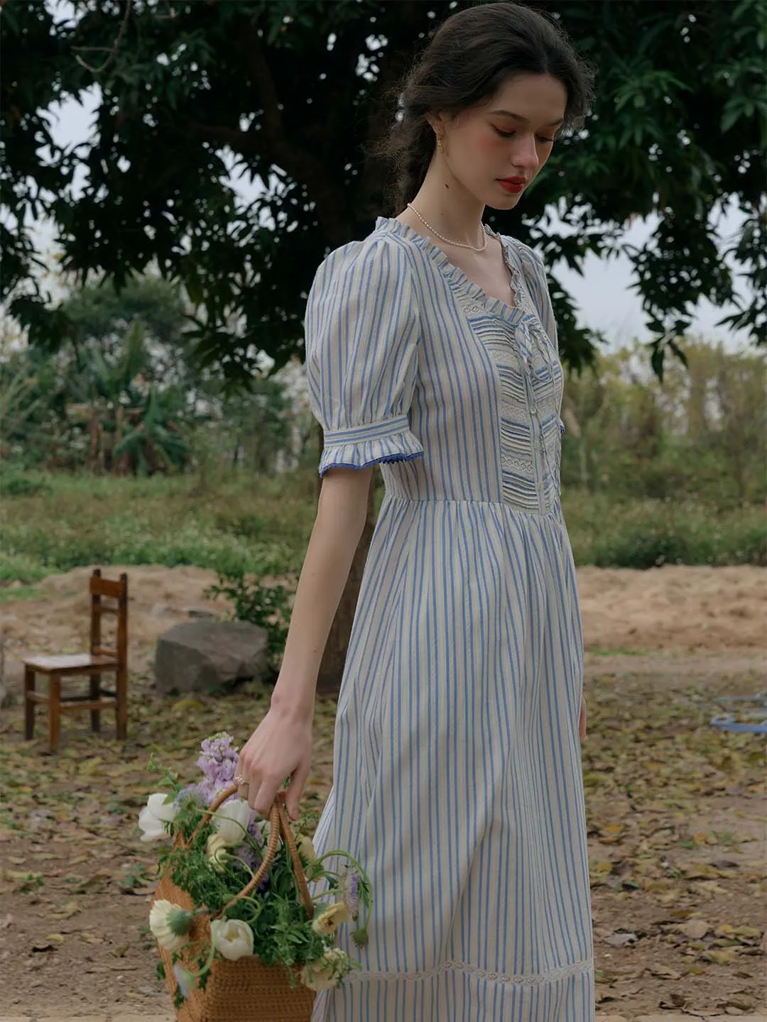 Raelyn Trim Bow Round Neck Puff Sleeve Lace Striped Cotton Dress