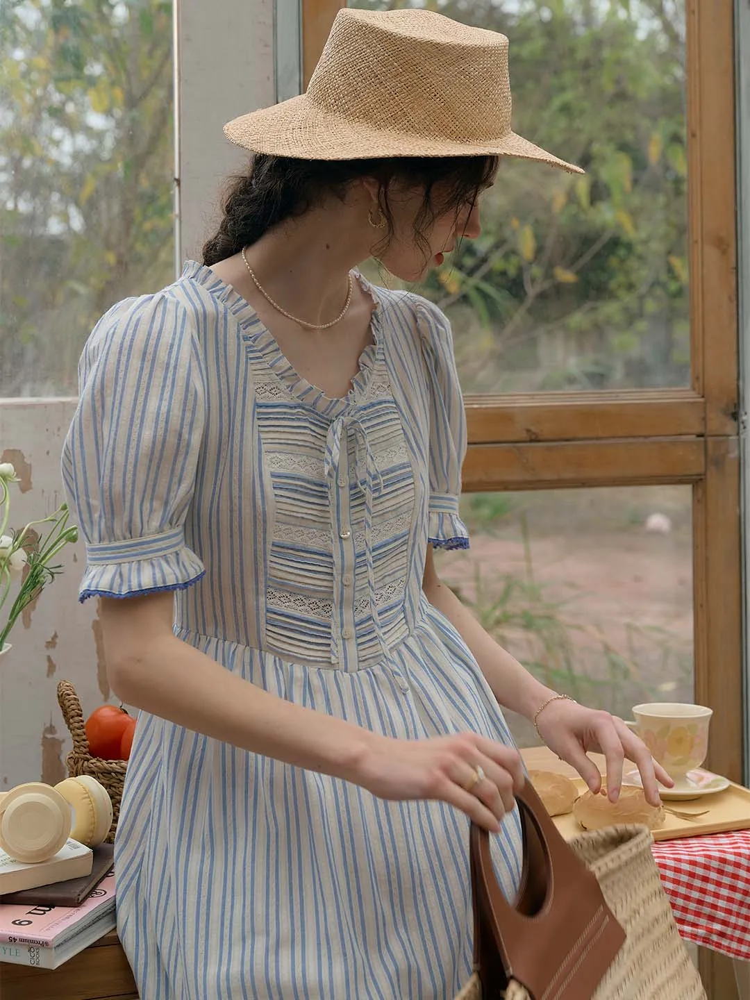 Raelyn Trim Bow Round Neck Puff Sleeve Lace Striped Cotton Dress