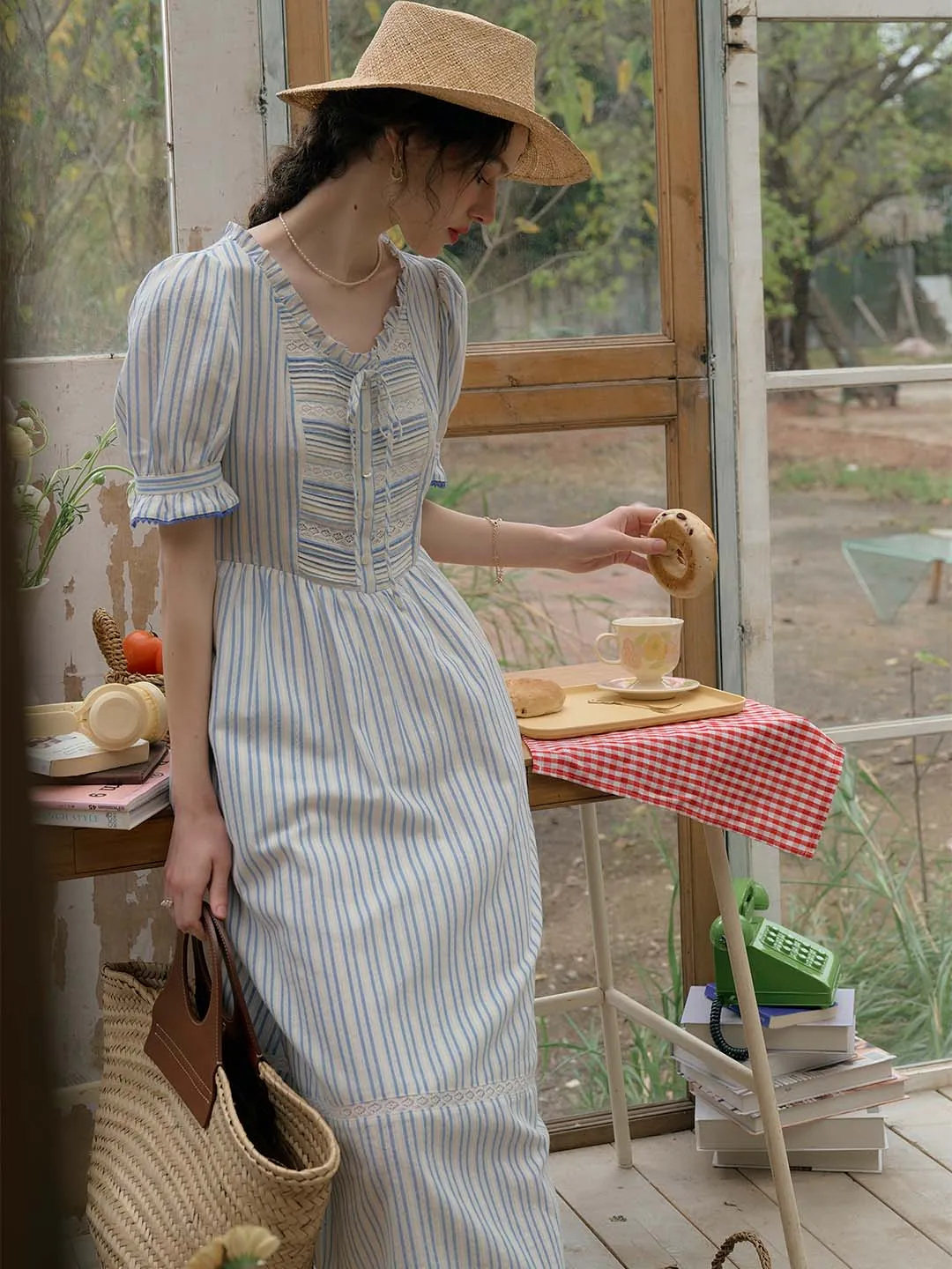 Raelyn Trim Bow Round Neck Puff Sleeve Lace Striped Cotton Dress