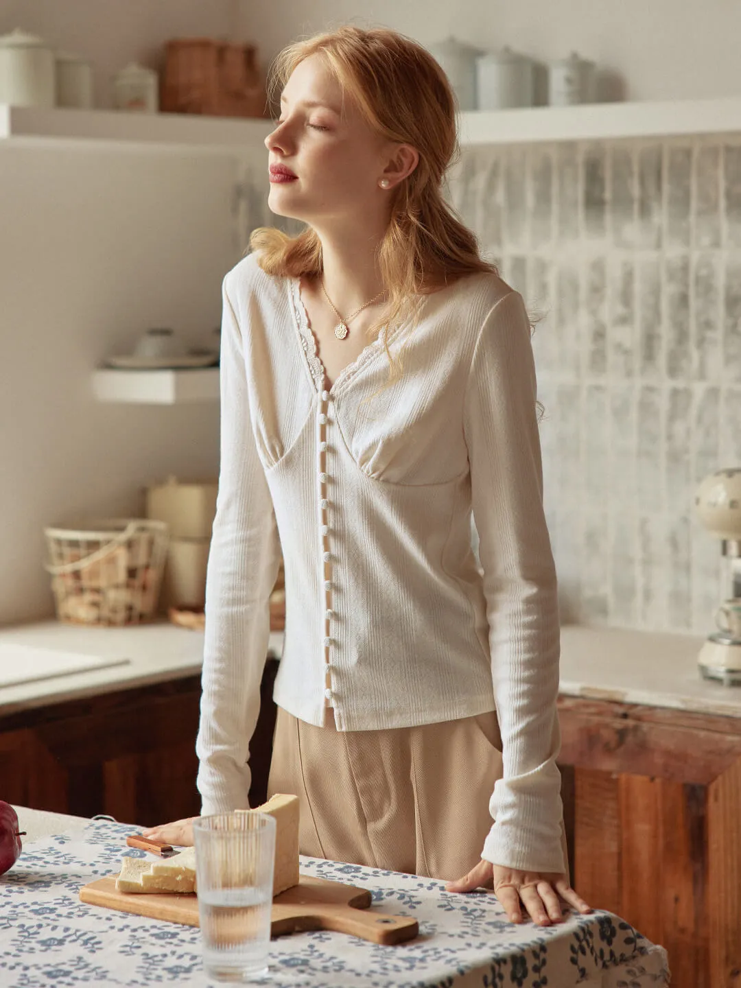 Trina Lace V-neck Apricot Knitted Top