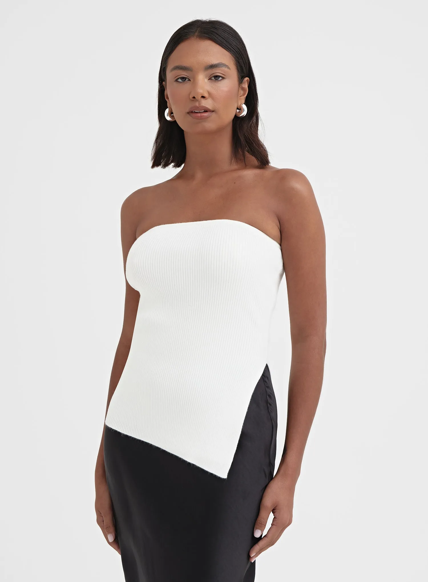 White Knitted Bandeau Split Front Top - Vic