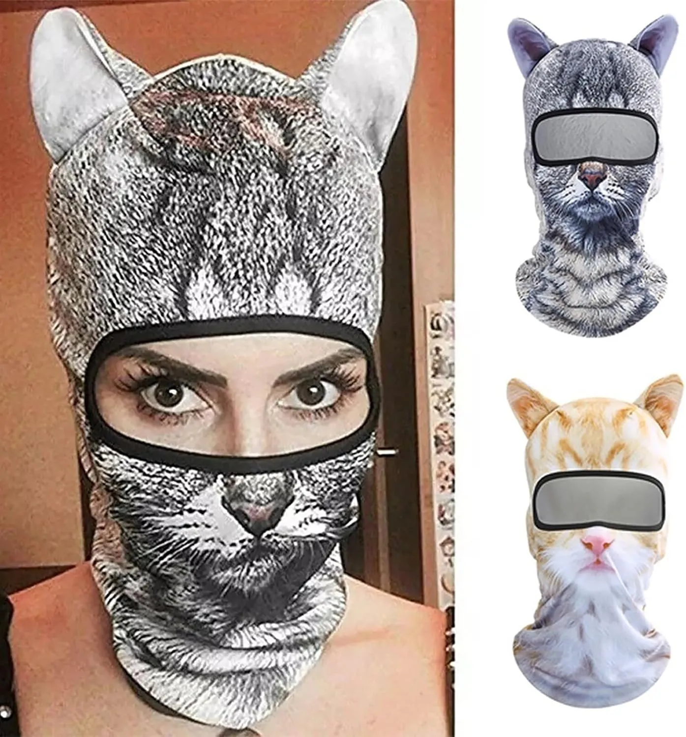 Winter Balaclava Cat Ski Mask Windproof with Ears Cute Full Face Shiesty Mask Animal Ski Face Mask for Outdoor Hiking Riding(2pcs-Type-C)