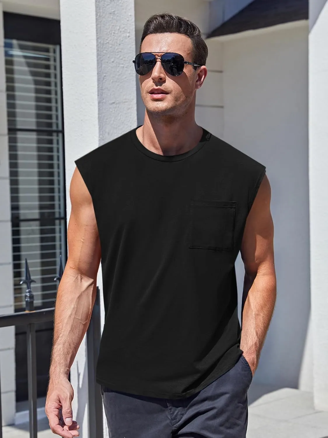 ZIWOCH Mens Sleeveless Tank Tops Workout Cut Off Shirts Muscle Gym T Shirts with Pocket