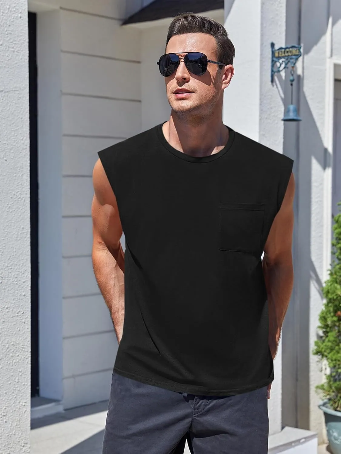 ZIWOCH Mens Sleeveless Tank Tops Workout Cut Off Shirts Muscle Gym T Shirts with Pocket